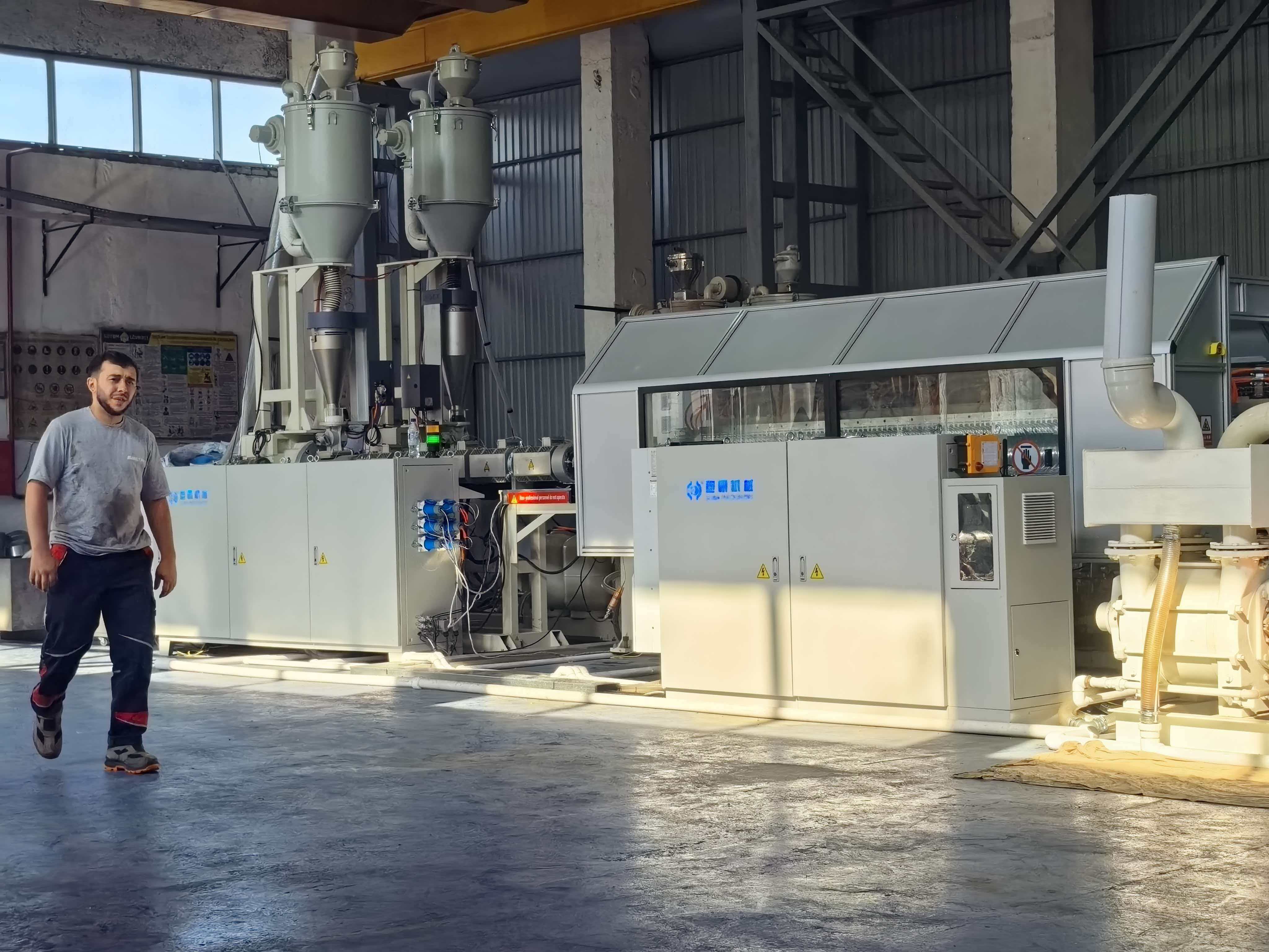 SL600 high-speed PP double-wall corrugated pipe production line — the same model supplied to the regional sewage authority.
